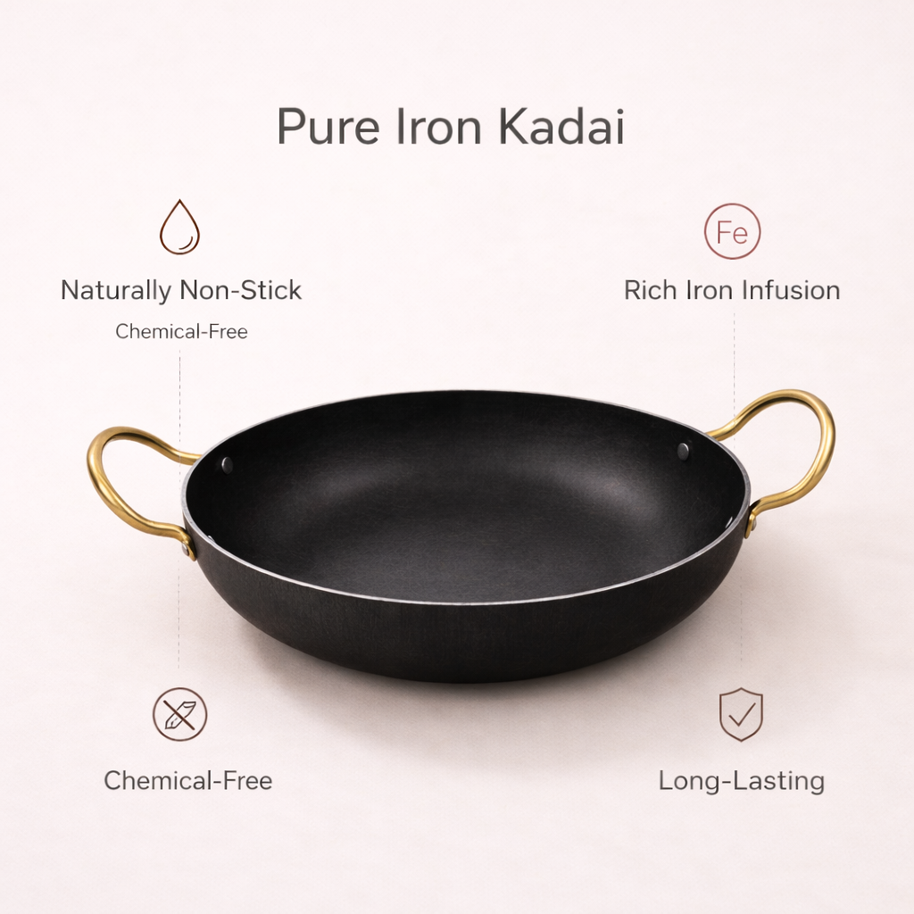 Kadai - Pure iron | Natural Finish | Induction & Gas, Fire wood friendly Base | PFOA Free | High Temperature Resistant | 10 inches | Black