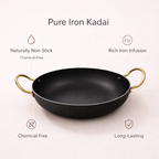 Kadai - Pure iron | Natural Finish | Induction & Gas, Fire wood friendly Base | PFOA Free | High Temperature Resistant | 10 inches | Black