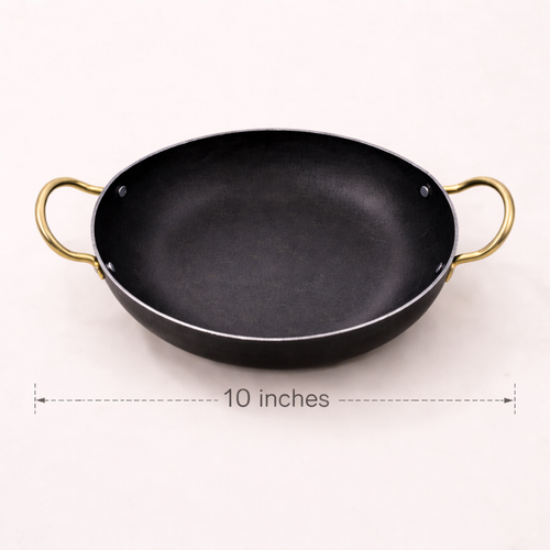 Kadai - Pure iron | Natural Finish | Induction & Gas, Fire wood friendly Base | PFOA Free | High Temperature Resistant | 10 inches | Black