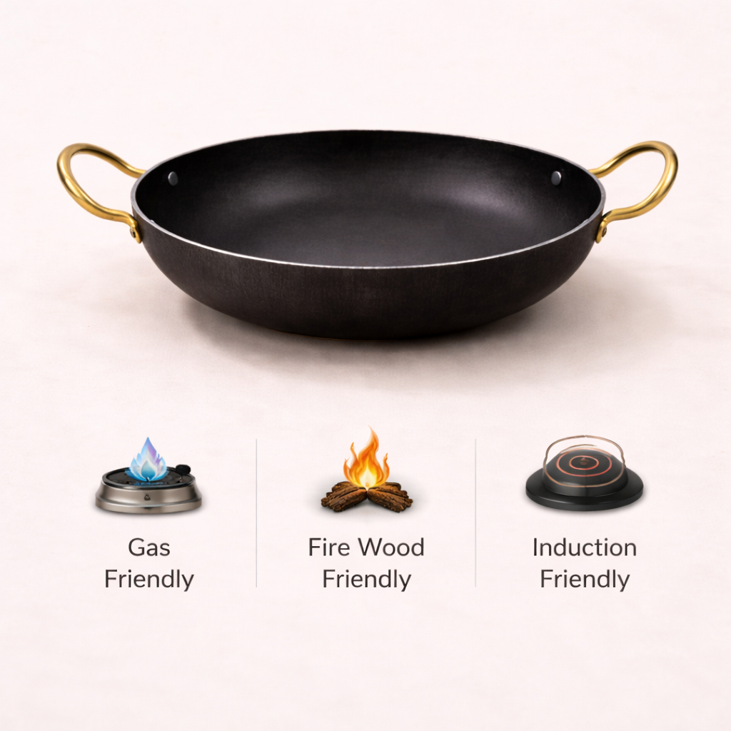 Kadai - Pure iron | Natural Finish | Induction & Gas, Fire wood friendly Base | PFOA Free | High Temperature Resistant | 10 inches | Black
