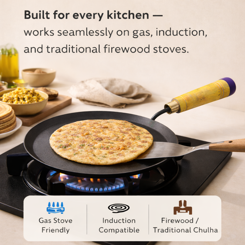 Iron Dosa & Roti Tawa with Wooden Handle| All Stove Compatible (Gas, Induction, Firewood) | 10-Inches