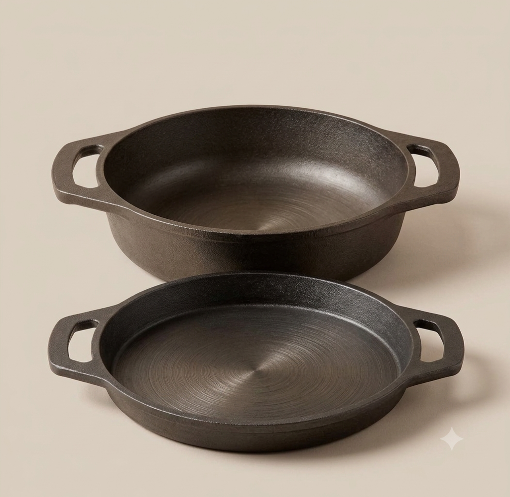 Cast Iron Shallow Fry Combo | Flat Base Kadai 25 Cm + Fish Fry Pan 25 Cm