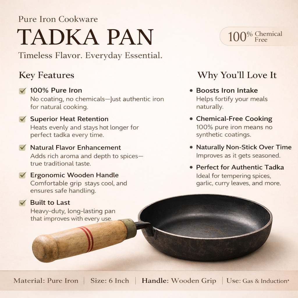 Pure Iron Tadka Pan 6 Inch with Wooden Handle – Gas, Induction & Firewood Compatible