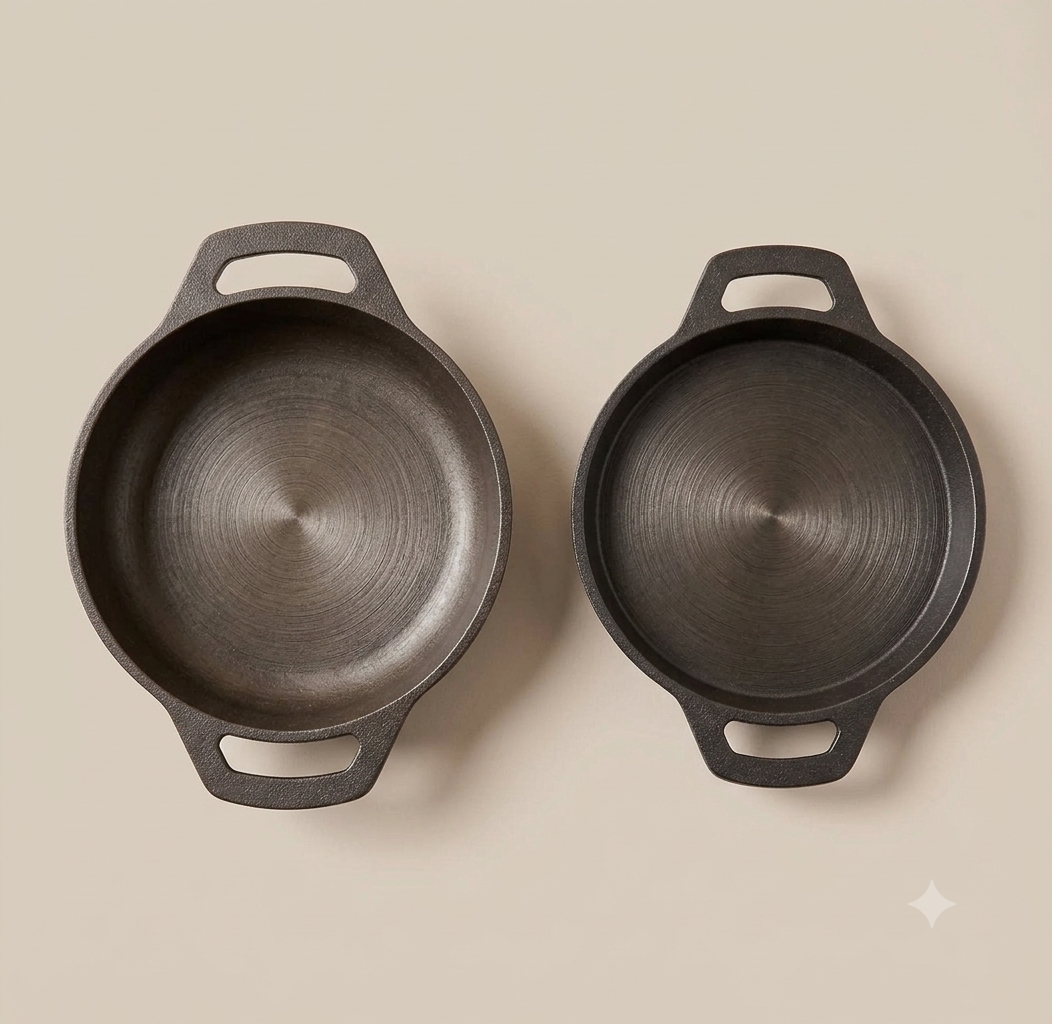 Cast Iron Shallow Fry Combo | Flat Base Kadai 25 Cm + Fish Fry Pan 25 Cm