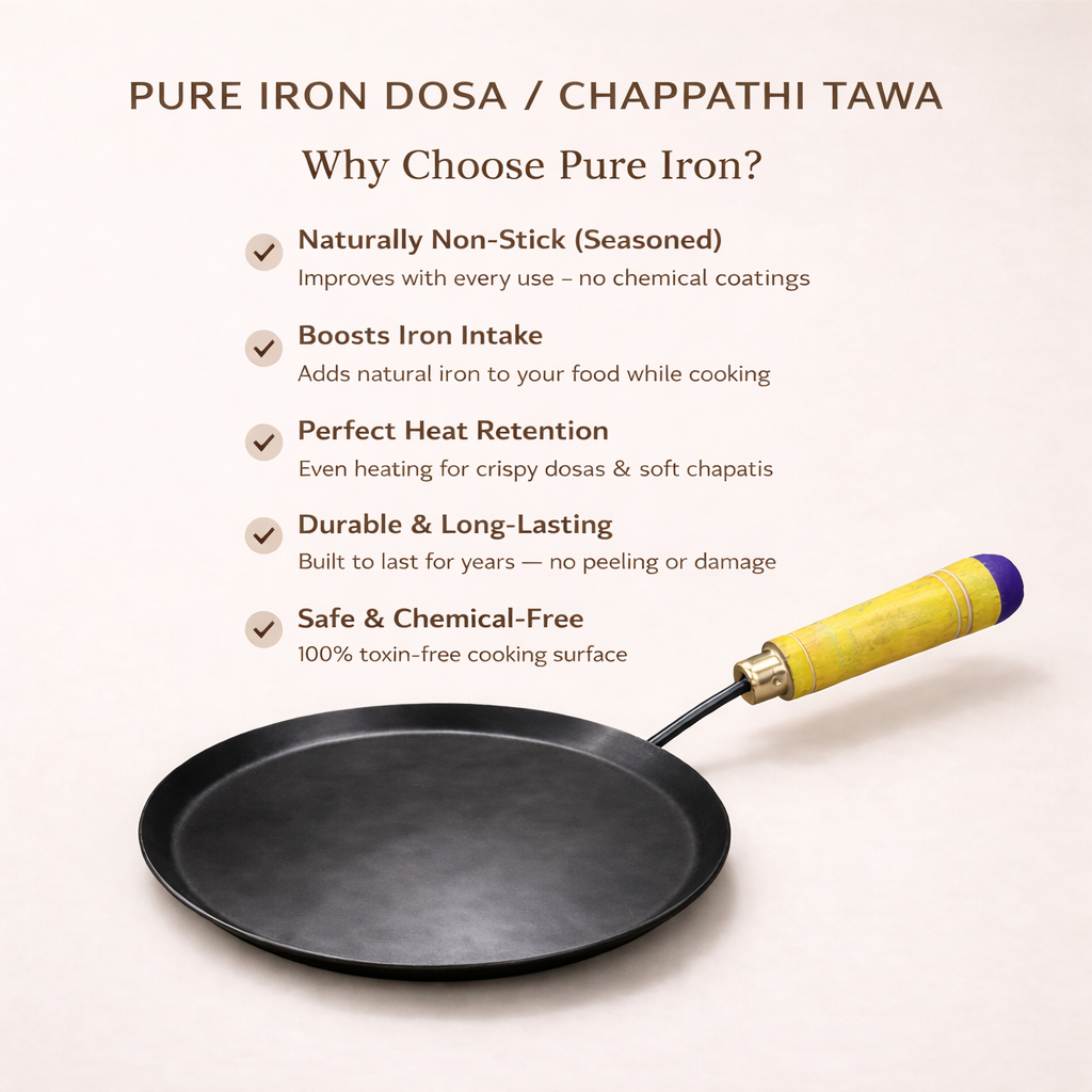 Iron Dosa & Roti Tawa with Wooden Handle| All Stove Compatible (Gas, Induction, Firewood) | 10-Inches