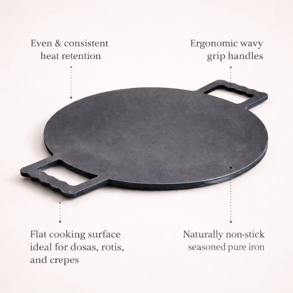 Masala Dosa Tawa - Pure iron | Natural Finish | Induction & Gas, Fire wood friendly Base | PFOA Free | High Temperature Resistant | 11.5 inches | Black
