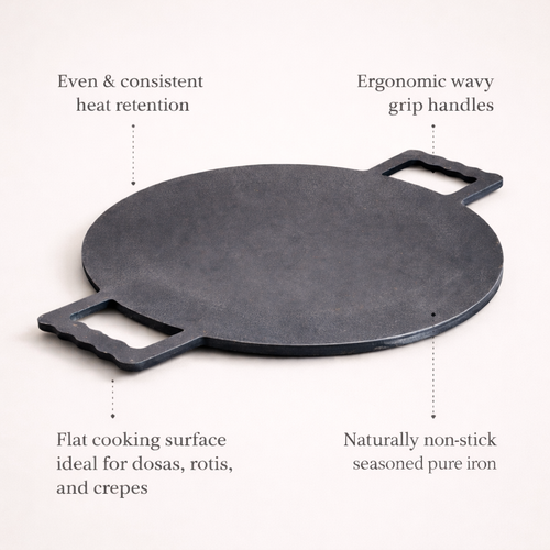 Masala Dosa Tawa - Pure iron | Natural Finish | Induction & Gas, Fire wood friendly Base | PFOA Free | High Temperature Resistant | 11.5 inches | Black
