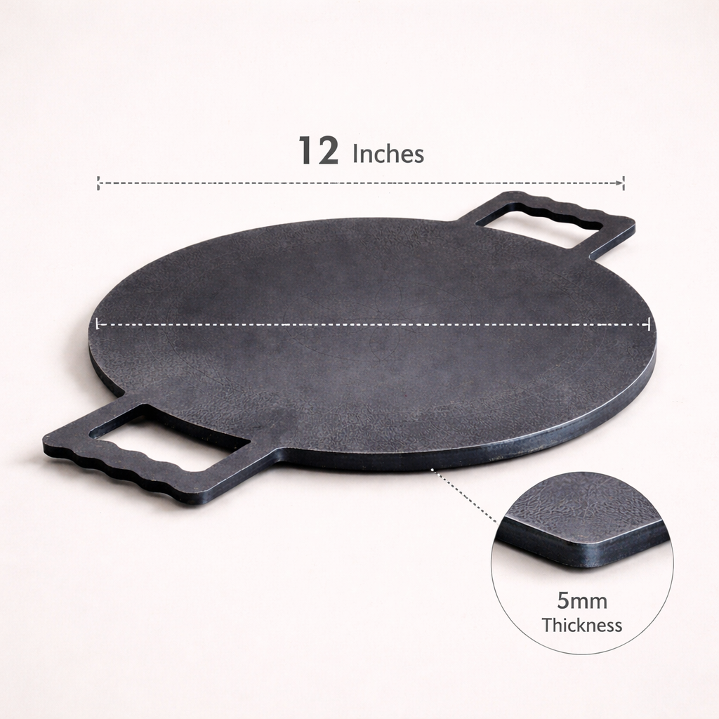 Masala Dosa Tawa - Pure iron | Natural Finish | Induction & Gas, Fire wood friendly Base | PFOA Free | High Temperature Resistant | 11.5 inches | Black