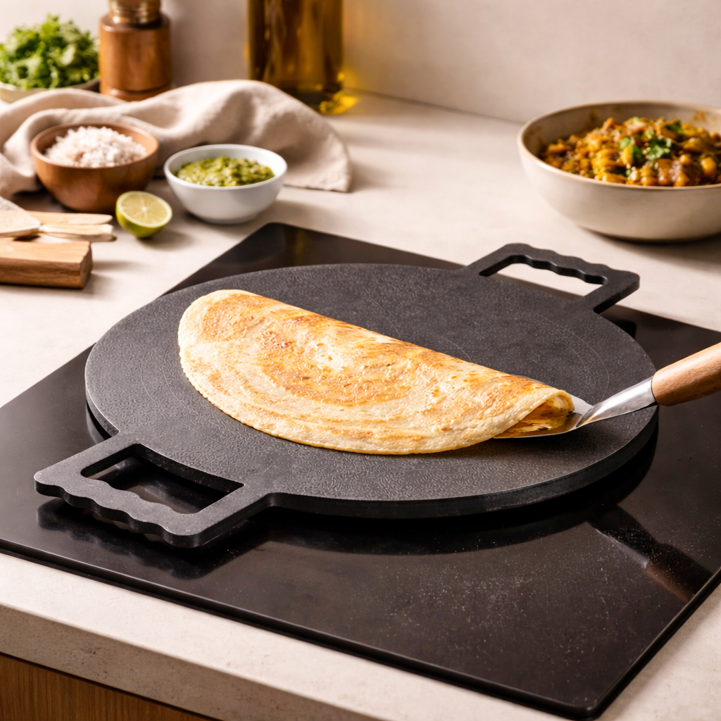Masala Dosa Tawa - Pure iron | Natural Finish | Induction & Gas, Fire wood friendly Base | PFOA Free | High Temperature Resistant | 11.5 inches | Black