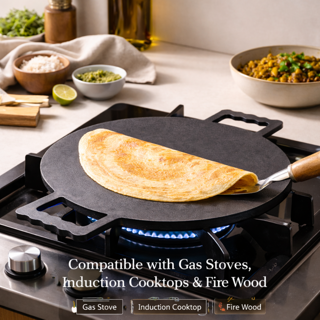 Masala Dosa Tawa - Pure iron | Natural Finish | Induction & Gas, Fire wood friendly Base | PFOA Free | High Temperature Resistant | 11.5 inches | Black
